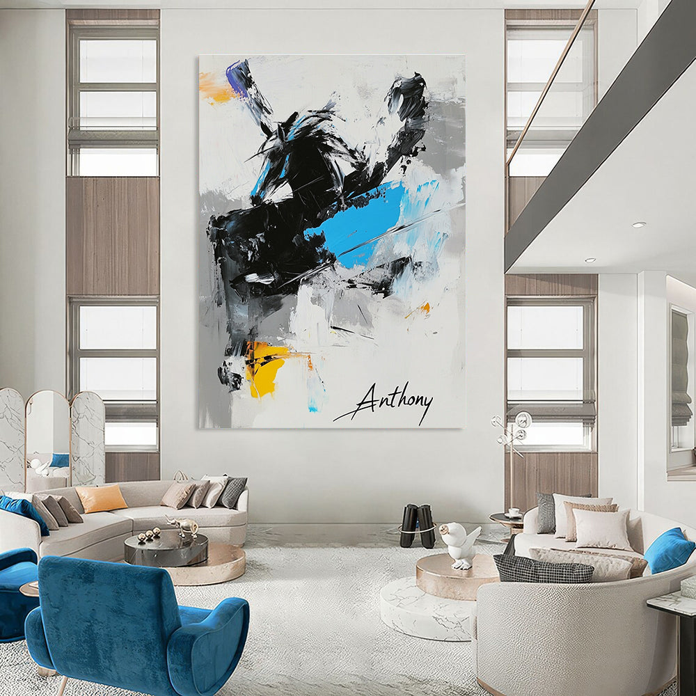 Large abstract painting featuring "Anthony" in black white and blue with a dynamic horse and signature Michael in the corner.STSC349