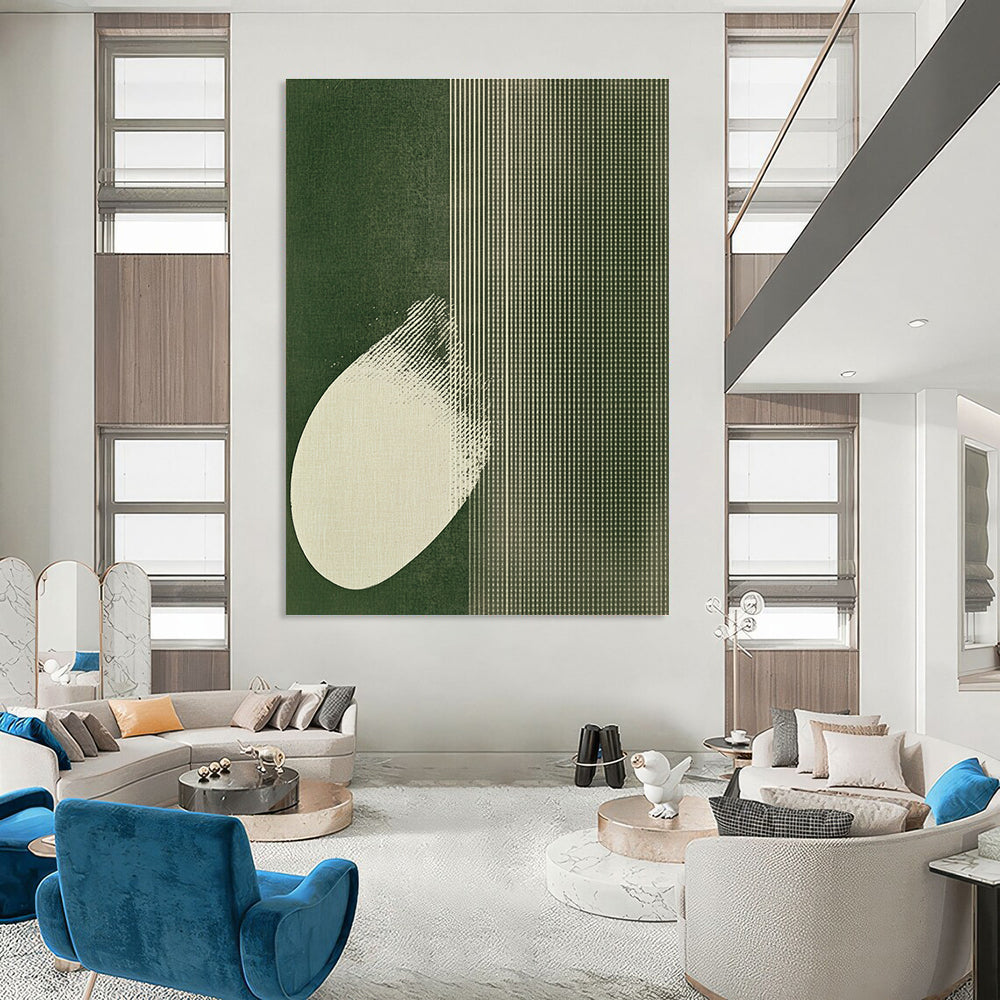 Large abstract artwork featuring white polka dots on emerald green with butterfly wings, creating a calm minimalist textile-inspired design.STSC1037