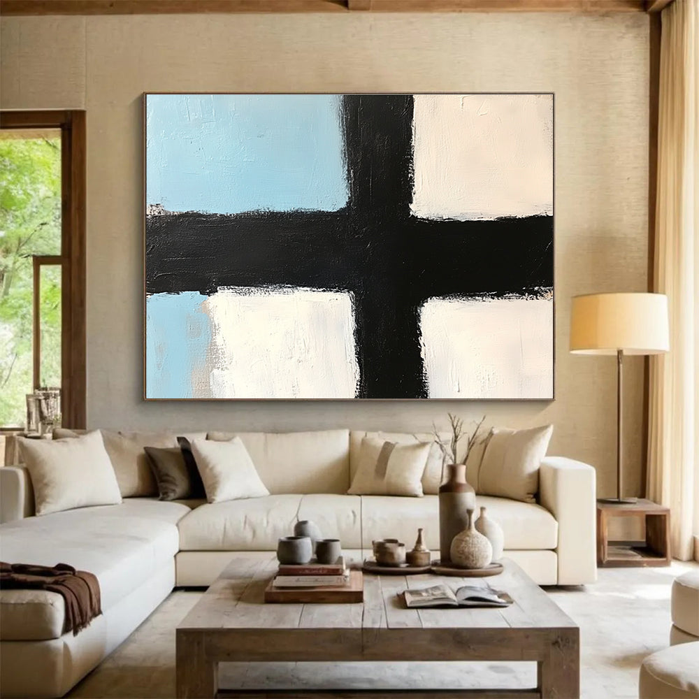 Blue White Black Geometric Abstract Painting with Clean Lines DYP309