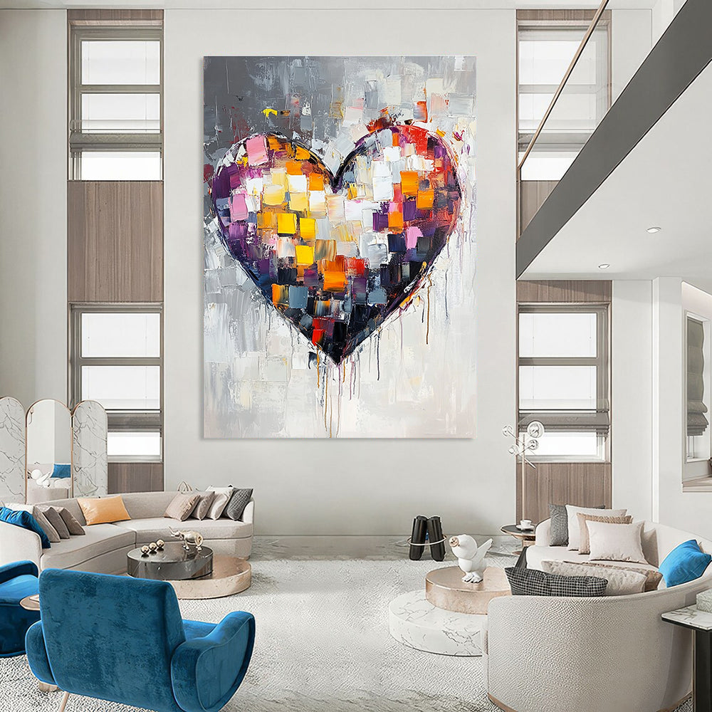 Large abstract heart painting with vibrant colors and thick brush strokes on a white background featuring paint drips and a predominantly gray palette.STSC071