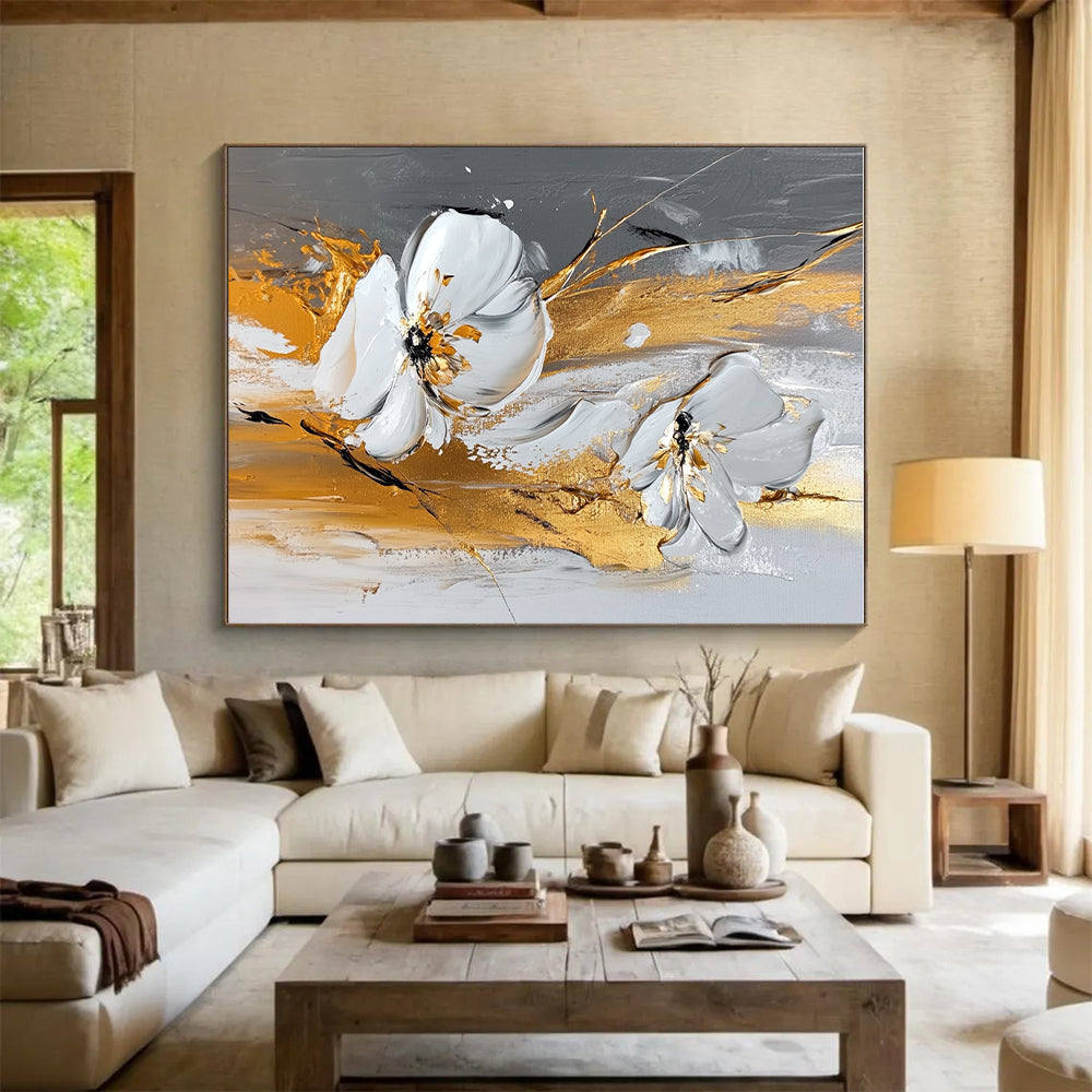 White Flower Gold Abstract Painting with 3D Textures GER603