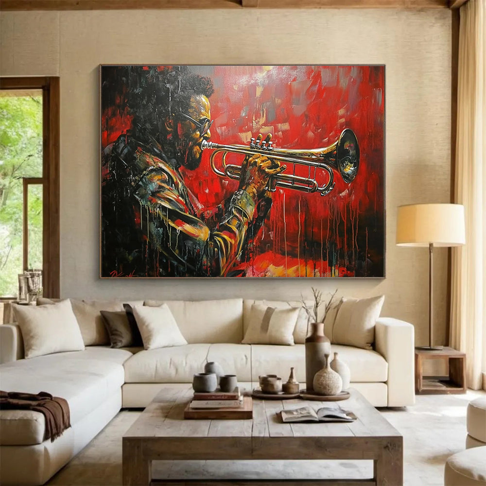 Large abstract painting featuring a trumpet player inspired by Dizzy Gillespie with a red car background and dynamic dripping paint effect.SC120