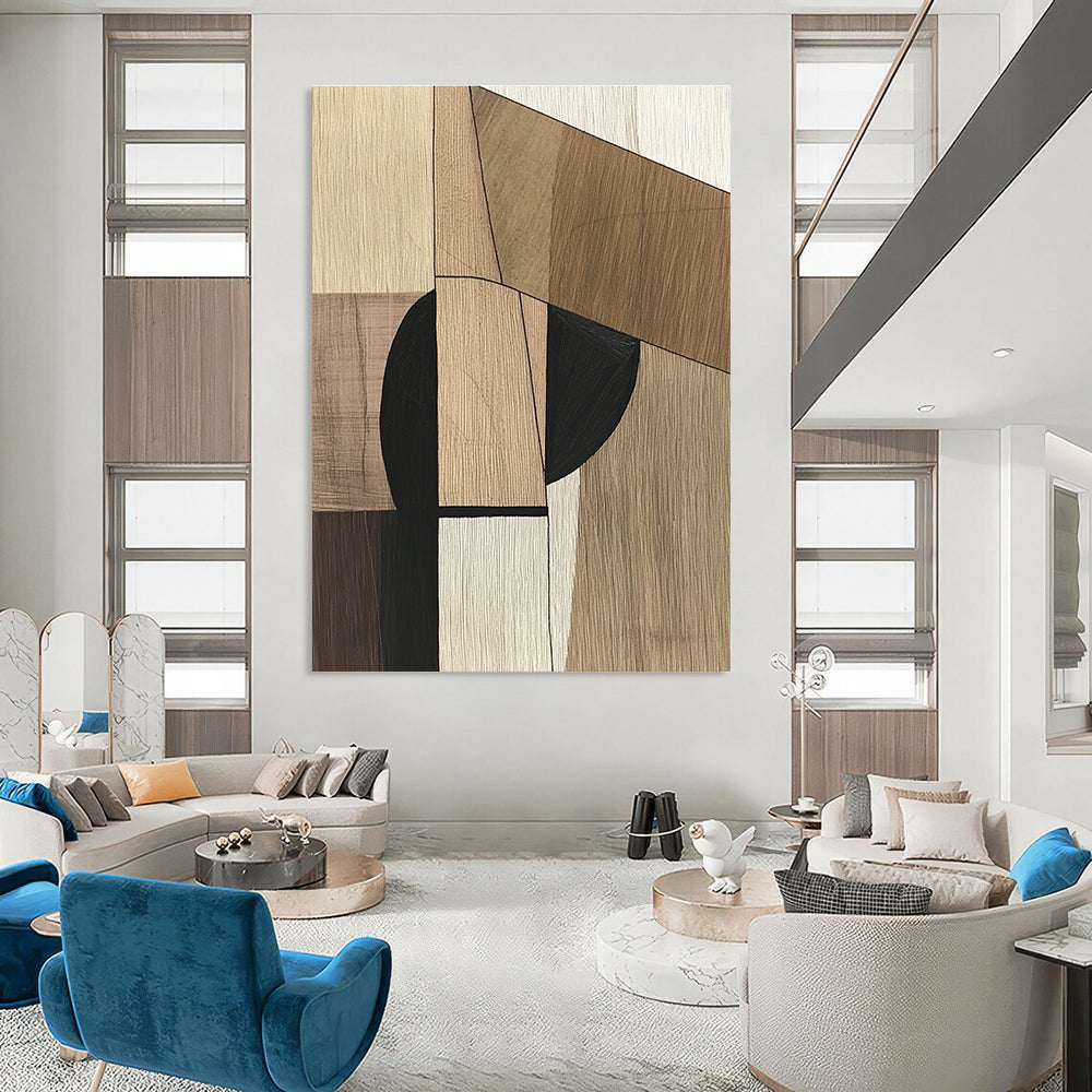 A large abstract painting in Picasso style with wooden textures and a vertical black line on a neutral wood background, symbolizing simplicity and modernity.STSC541