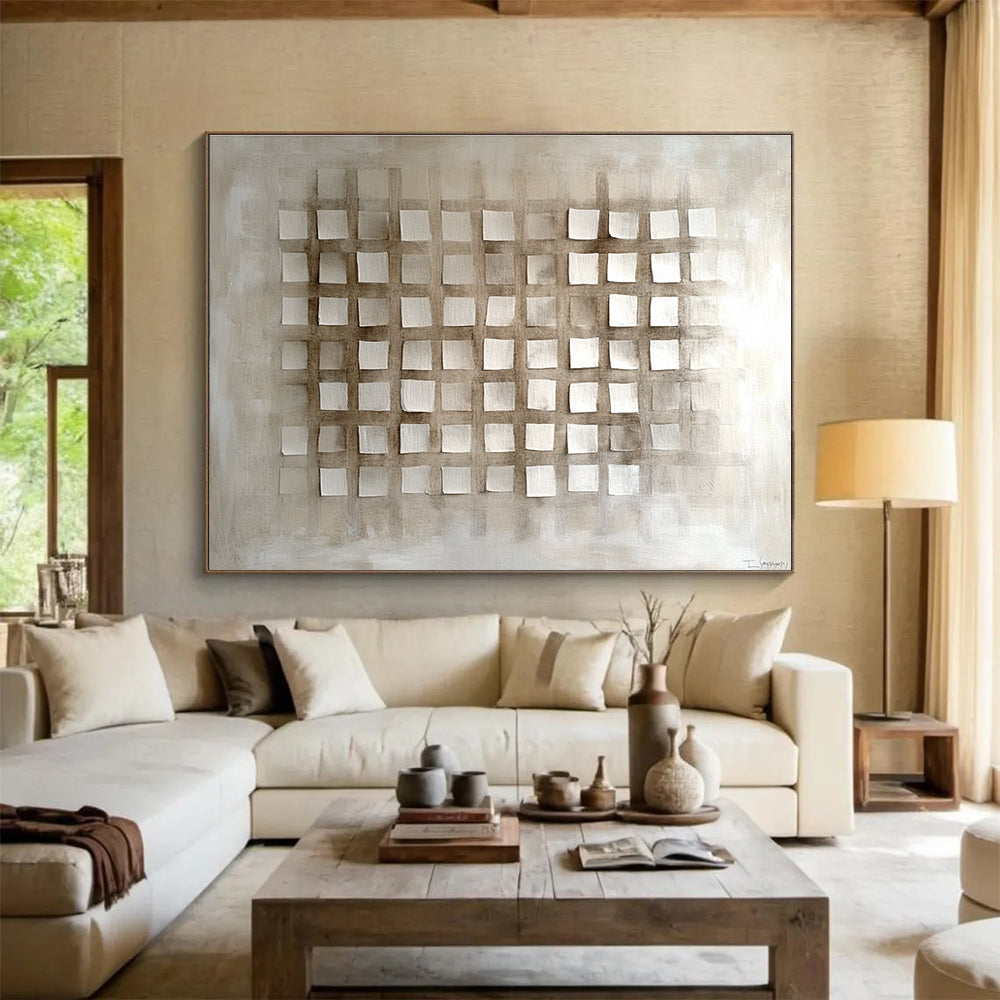 Beige and Brown Grid - Patterned Abstract Painting DYP121