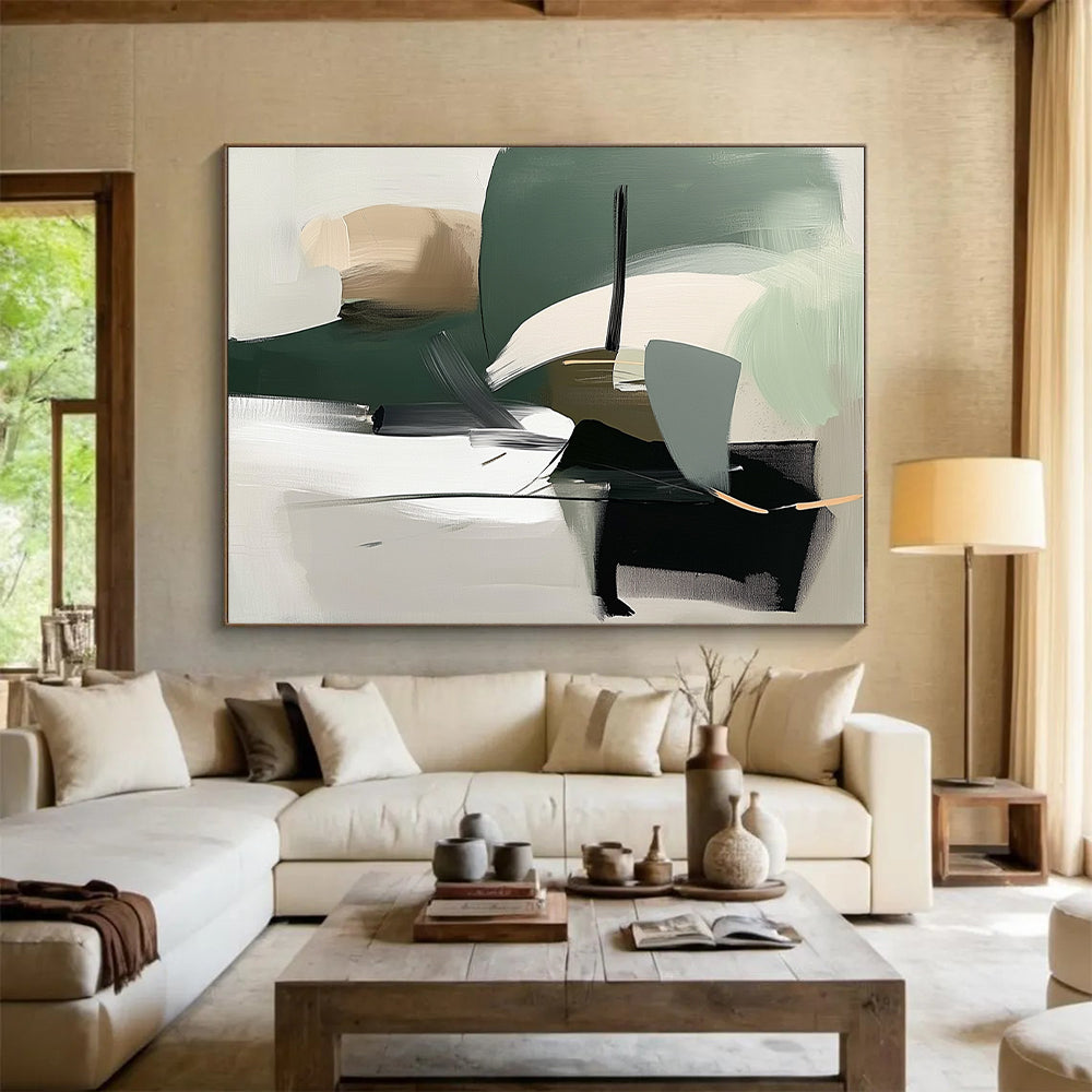 Green Gray Abstract Painting with Dynamic Shapes GER812