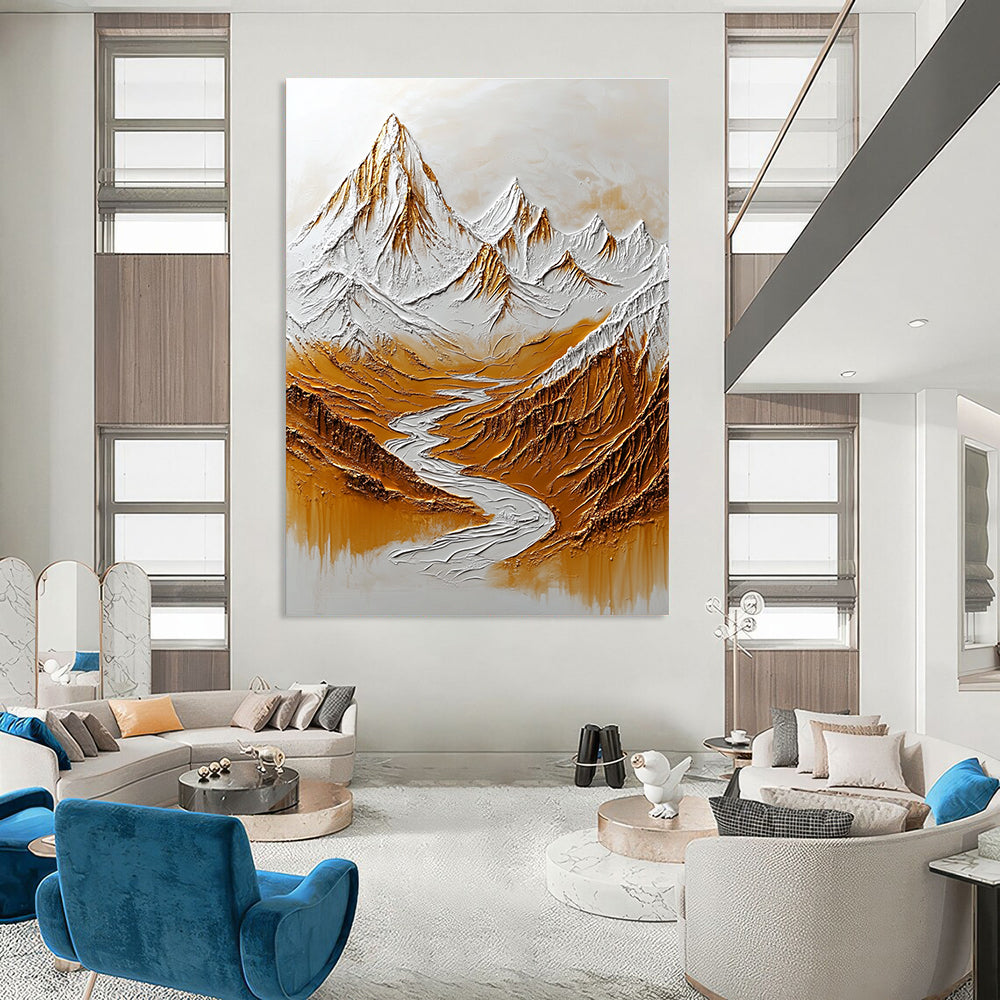 Large abstract painting of the Himalayas featuring snow-capped peaks and flowing rivers in warm tones for added depth and texture on a white background.STSC003
