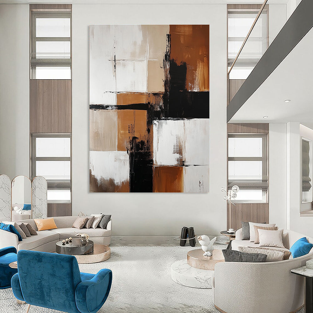 Abstract painting featuring brown and white color blocks with minimalistic black shapes enhancing each section creating a striking visual impact.STSC415