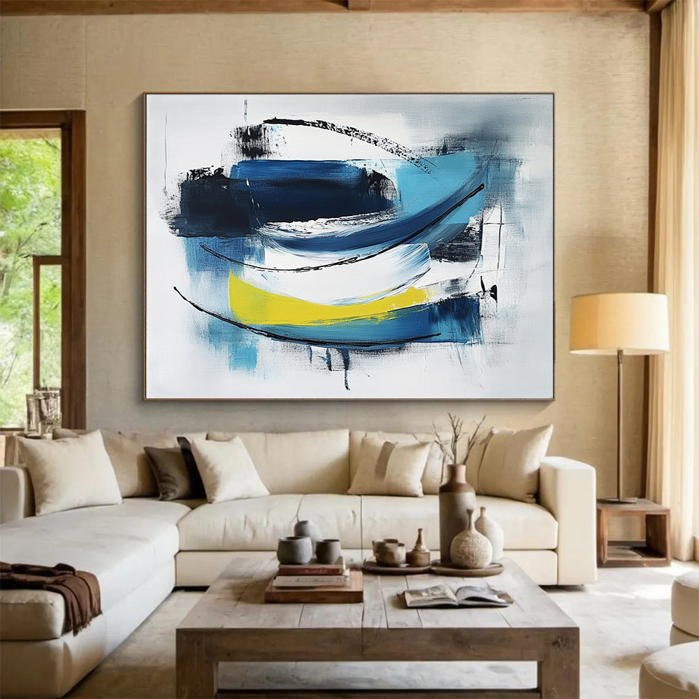 Abstract painting featuring blue black and white minimalist brush strokes on light gray with thick lines simple shapes and yellow accents.SC033