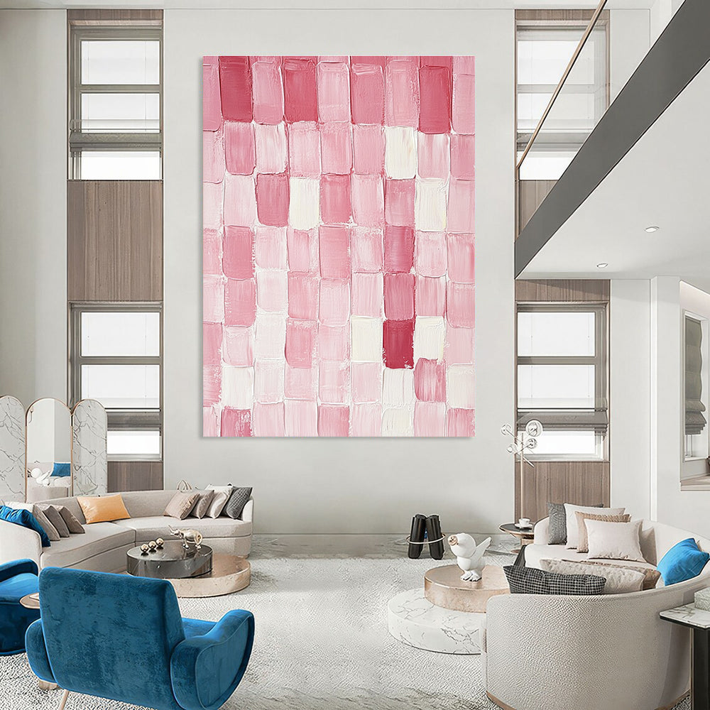 Large abstract painting featuring pink and glossy mottled rectangular blocks arranged on a pure white background with textured brushstrokes.STSC1411