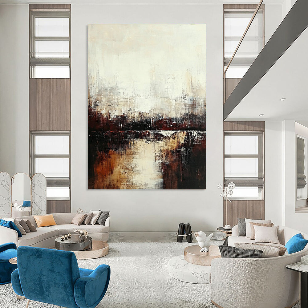 Large abstract painting featuring a serene cityscape in muted tones of white and brown evoking tranquility and introspection through soft brushstrokes.STSC724