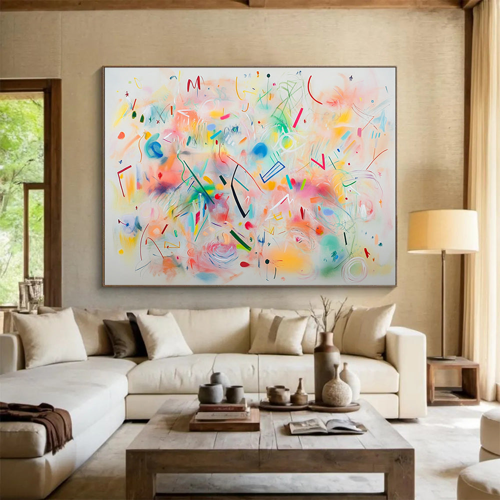 A large abstract painting featuring bright pastel colors and whimsical shapes like swirls circles and stars creating a joyful celebration on a white background.SC476