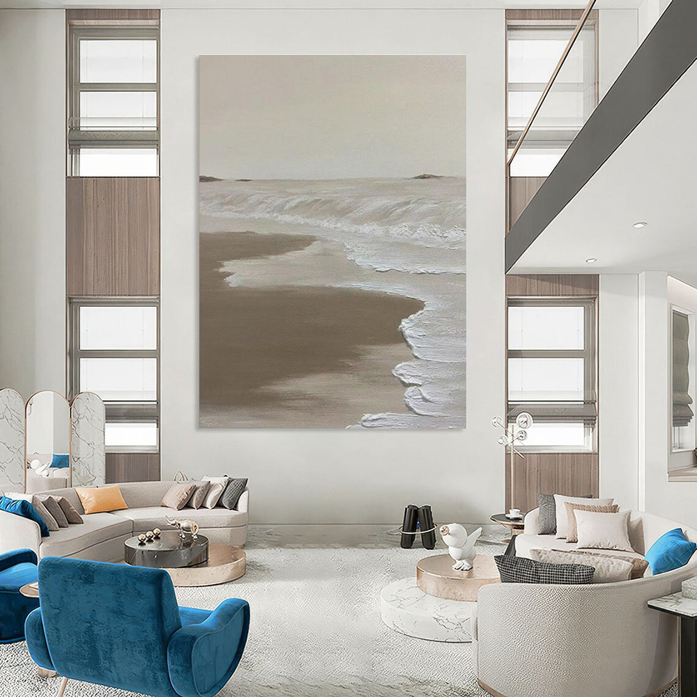 Beige and White Seaside Abstract Painting with Textured Waves ADGE521