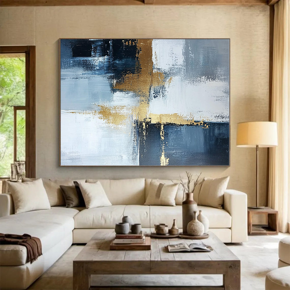 Blue Gray and Gold Abstract Painting with Subtle Sophistication GER524