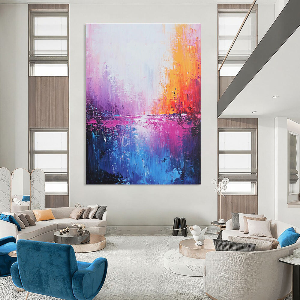 Large abstract painting of the sea in light pink dark blue and purple with meticulous brushwork and dreamy quality creating a romantic atmosphere.STSC345