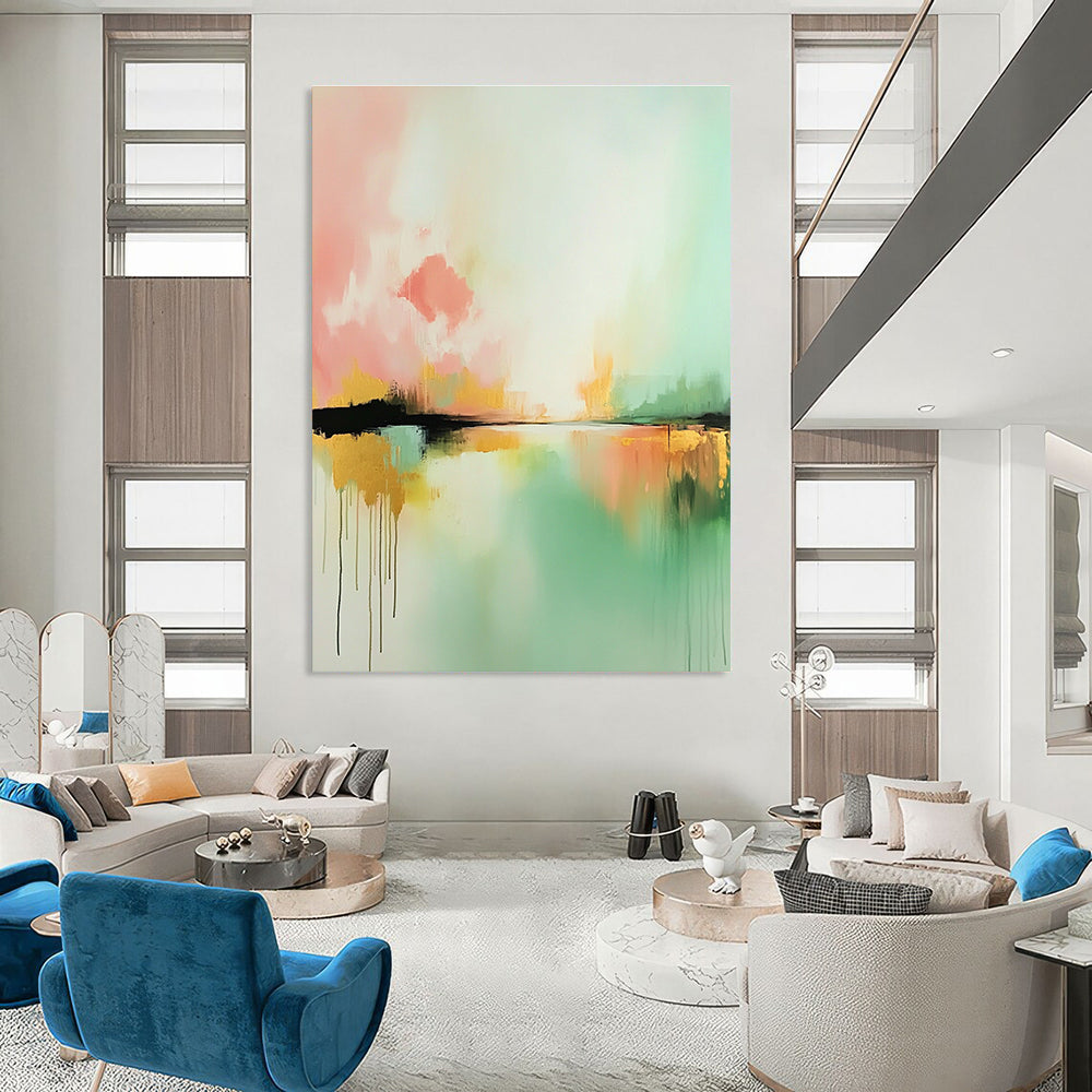 Large abstract painting inspired by Claude Monet featuring light pink mint green and gold hues with expressive brush strokes and a serene water foreground.STSC086