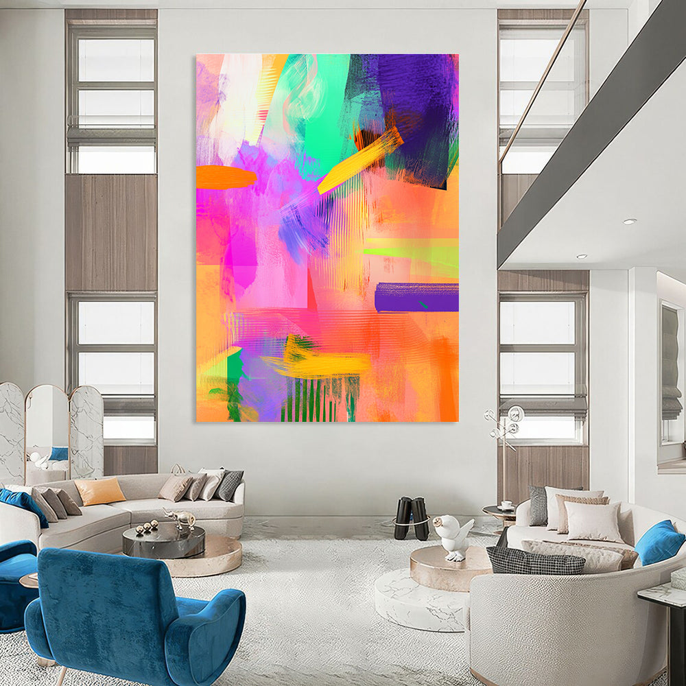Large abstract painting featuring vibrant brush strokes in neon pink and mint green with details of purple and orange for a modern aesthetic.STSC551