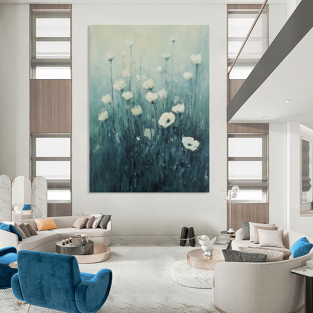 Large abstract painting of white flowers in grass with dreamy hues and impressionist brushstrokes set against a tranquil blue-green gradient contexts.STSC1150
