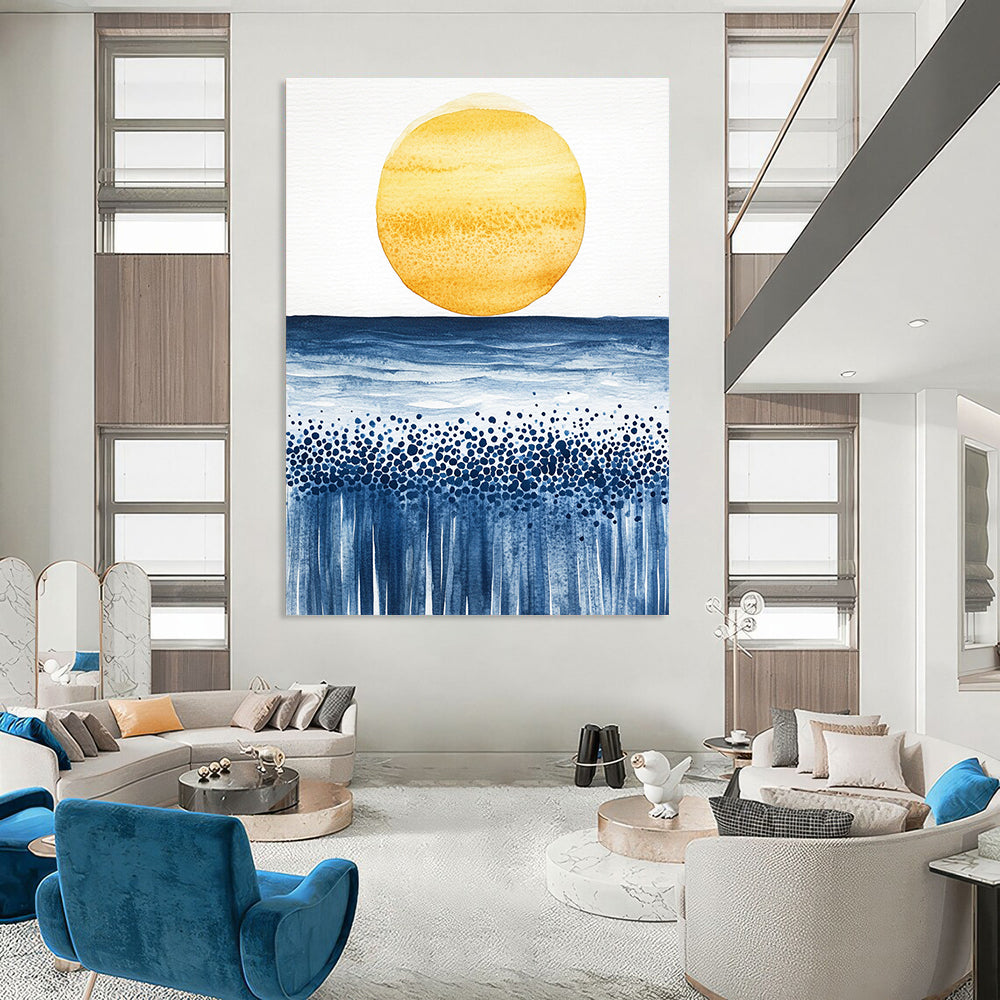 Abstract watercolor painting of a sun rising over the ocean with minimalist yellow and blue tones on textured paper.STSC505