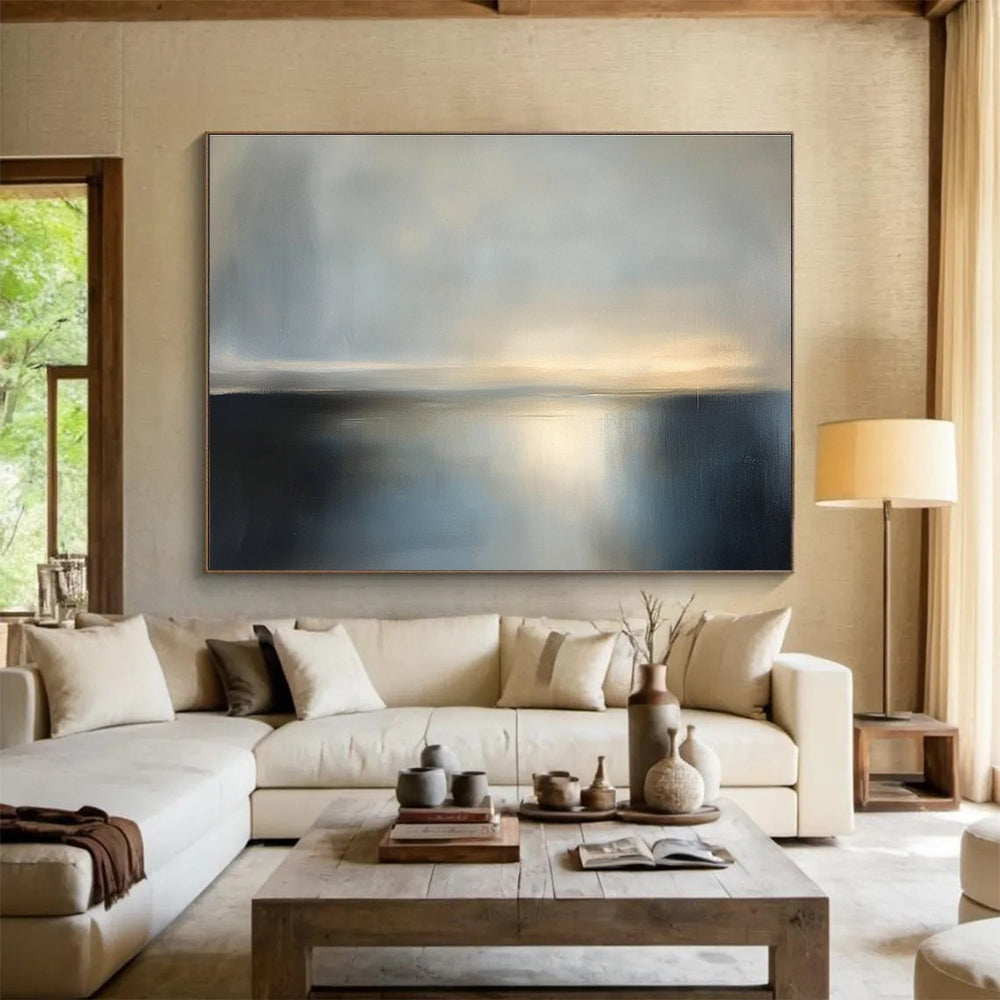 Large abstract painting featuring a tranquil dusk sky and sea in soft gray tones, evoking serene stillness with a minimalist style.SC079