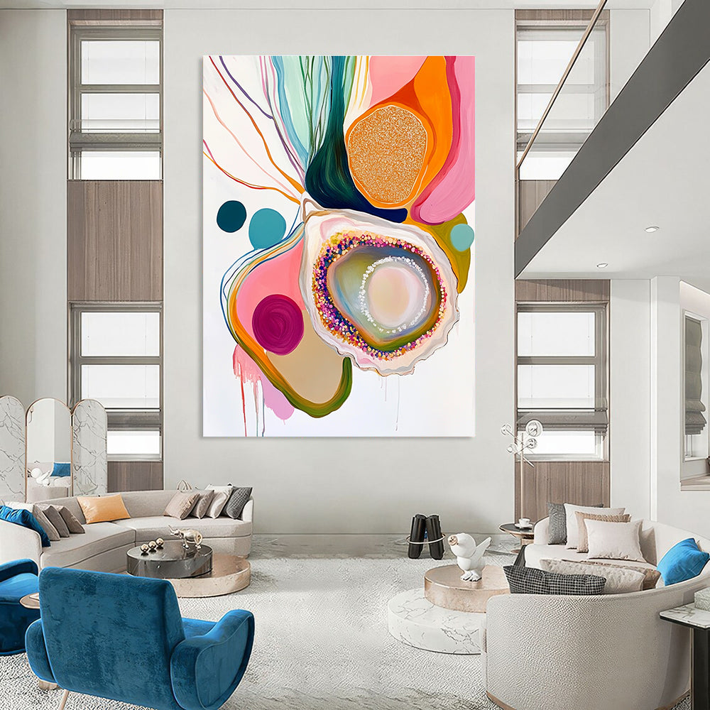 A large abstract painting featuring an oyster with glitter pastel colors on a white background surrounded by colorful organic shapes and patterns.STSC665