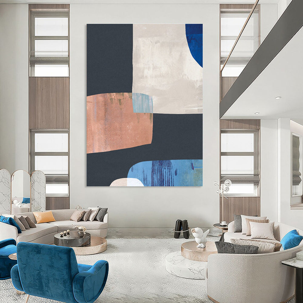 Geometric Abstract with Neutral and Blue Shapes Painting ADGE200