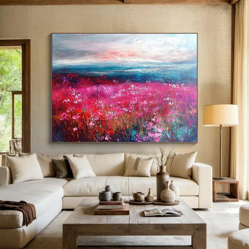 Pink Flower Field by the Sea Abstract Painting DYP472