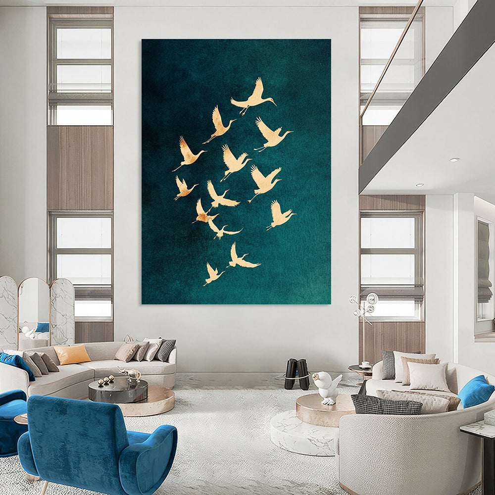 Large abstract painting featuring golden crane silhouettes on a dark blue-green background evoking mystery tranquility and freedom in nature.STSC1305