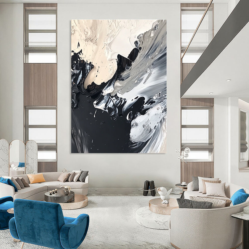 Abstract painting featuring black and white acrylics with organic textures and swirling patterns created using the wet-on-wet technique.STSC1277