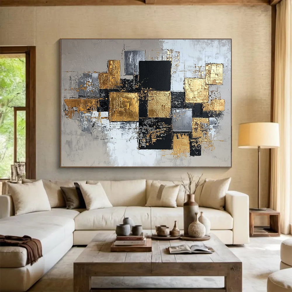 An abstract modern painting featuring elegant gold, silver, and gray squares on canvas, creating a sophisticated composition for any space.SC318