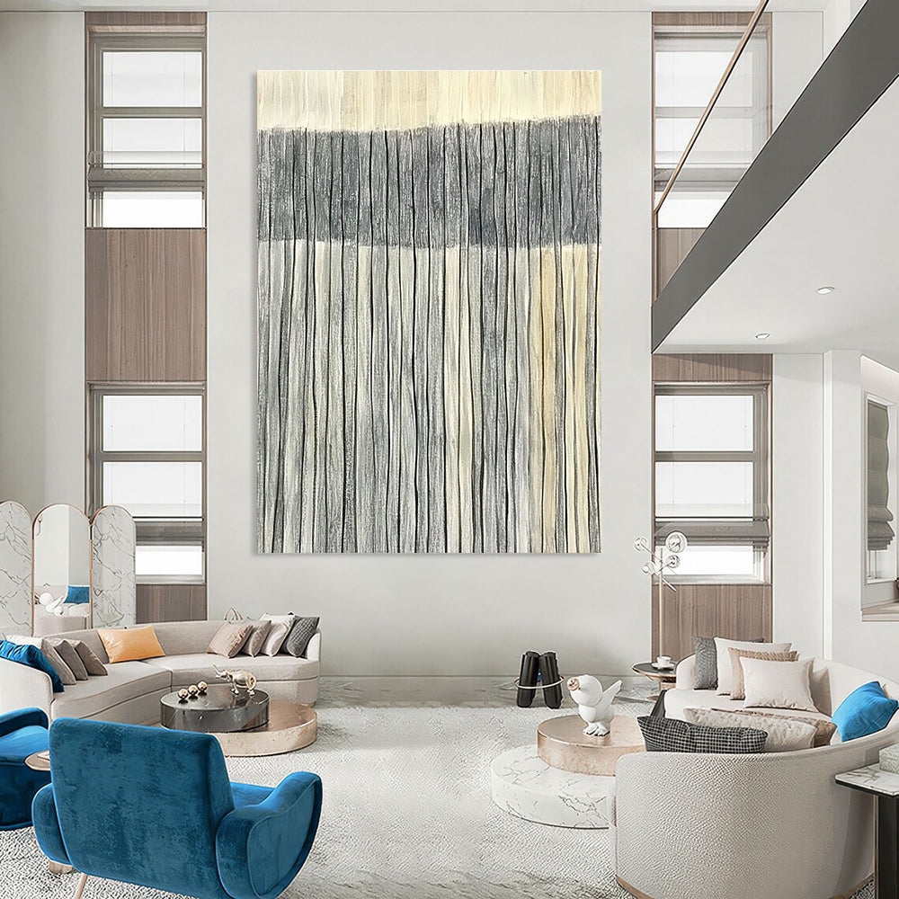 Large abstract painting of harmonious gray and white stripes on a light sandstone backdrop symbolizing luxury and elegance in minimalist design.STSC1121