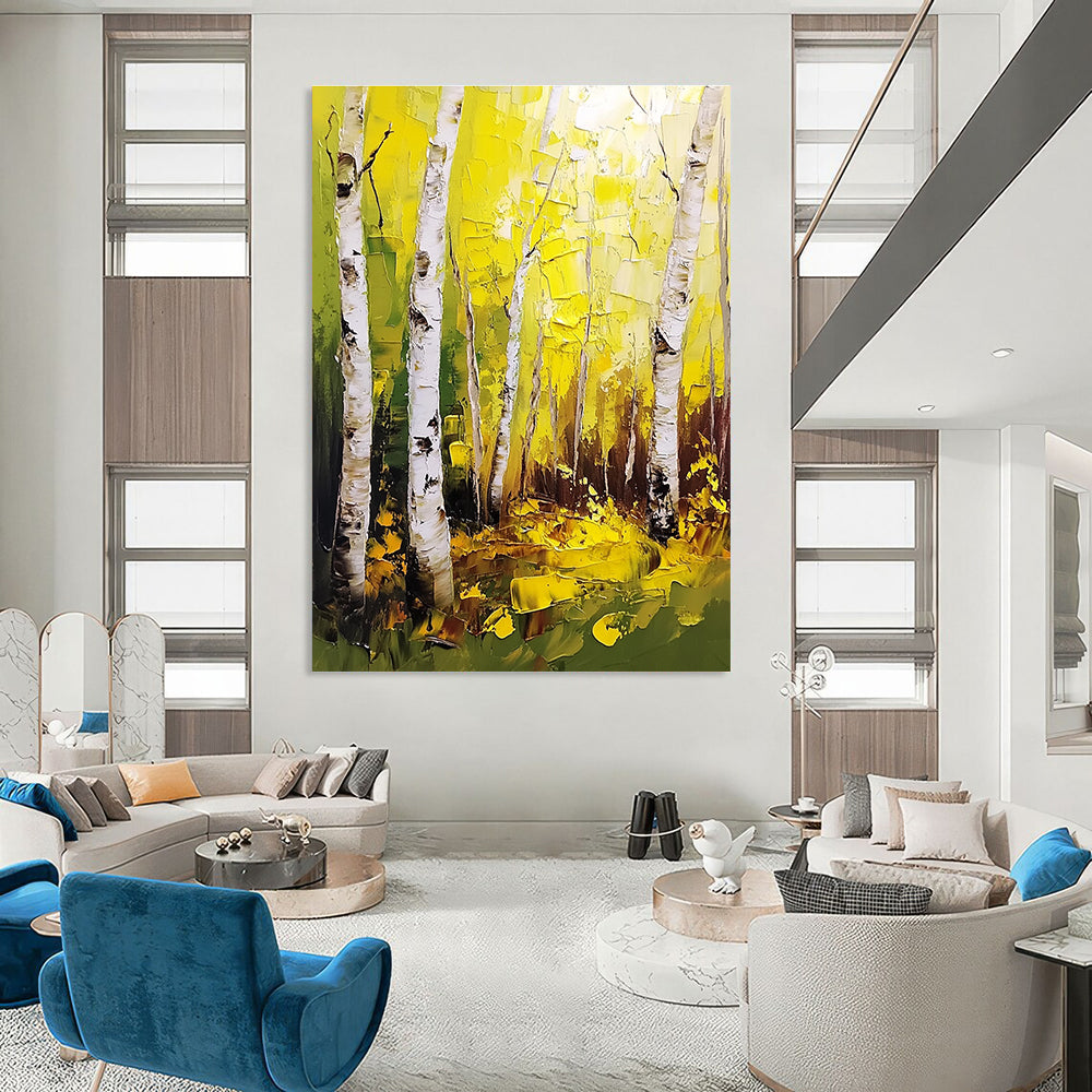 Large abstract painting of birch trees with thick brush strokes and a palette knife featuring vibrant yellow and green leaves in a forest.STSC1387