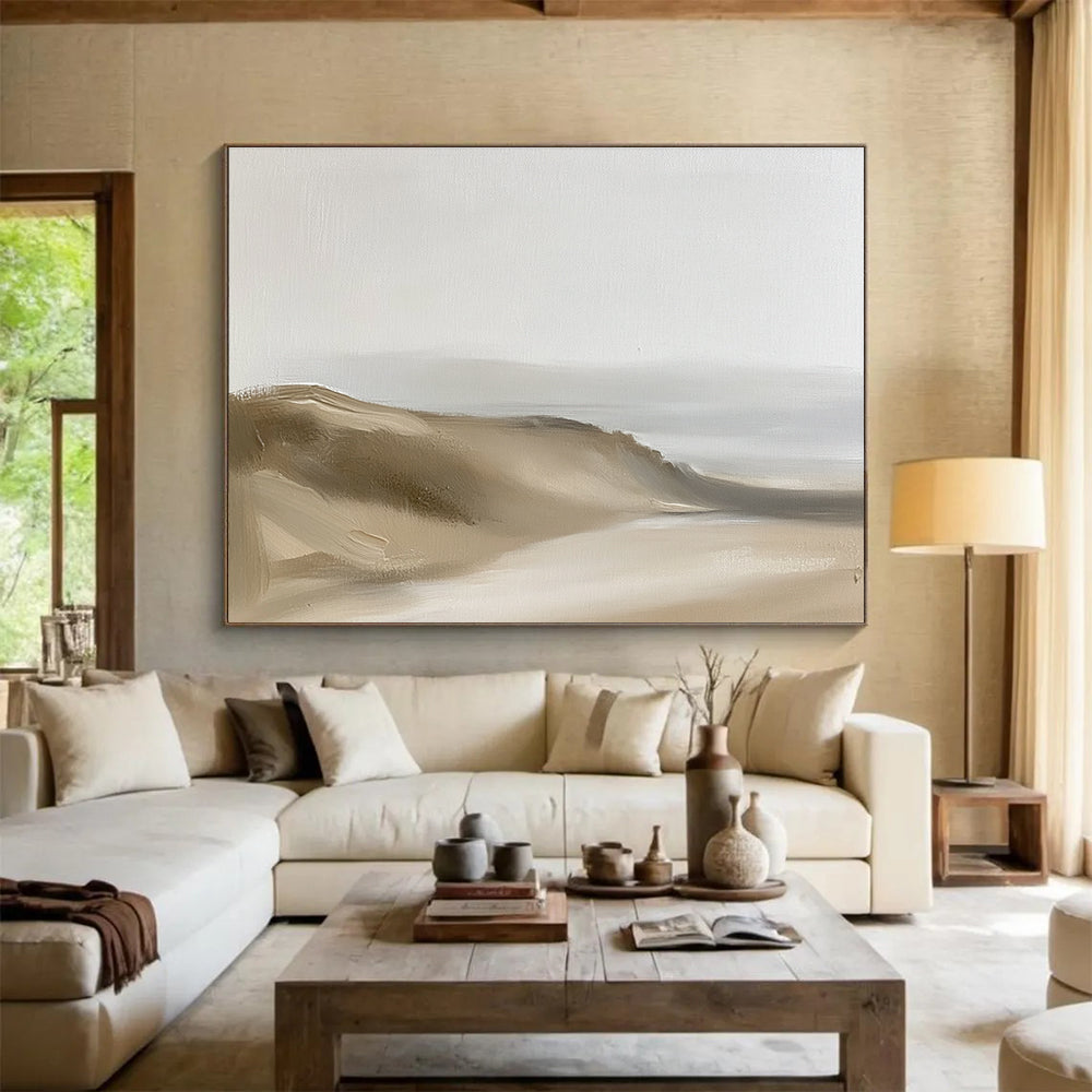 Large abstract painting of minimalist sand dunes in neutral beige and grey tones with thick brush strokes and low-contrast composition.SC598