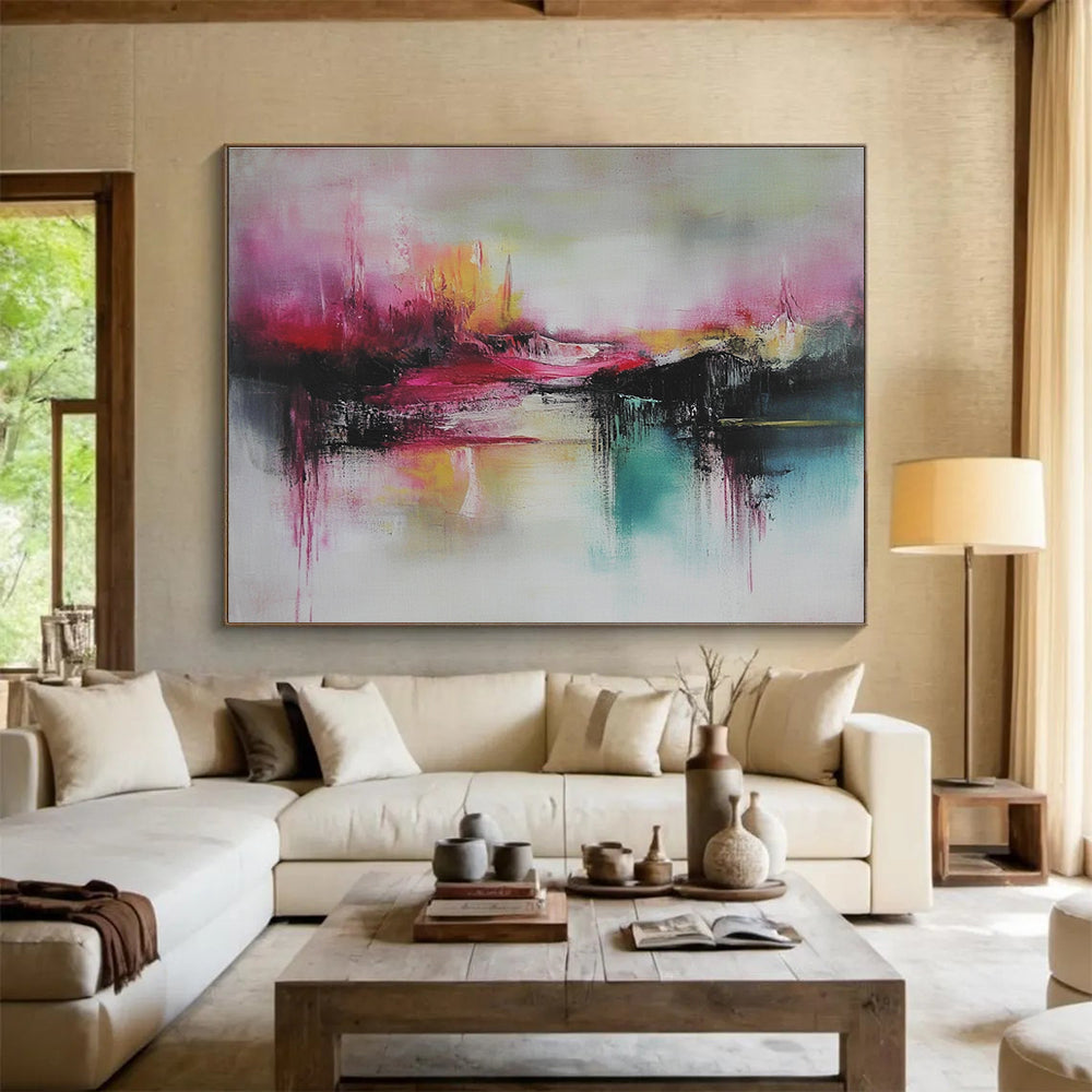 Large abstract painting featuring thick brush strokes in soft pink and teal with striking red accents for a captivating artistic touch.SC089