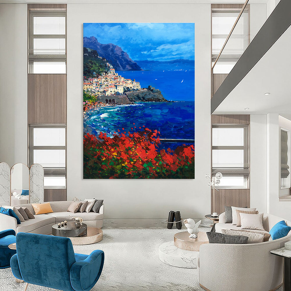 Coastal Village Abstract Painting with Blue and Red Tones ADGE533