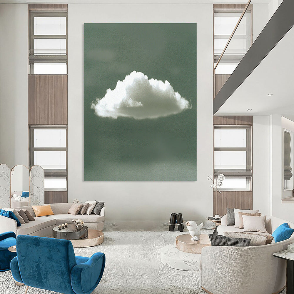 Abstract digital artwork of a single white cloud against a calming green background, embodying tranquility with its minimalist style and serene form.STSC1196