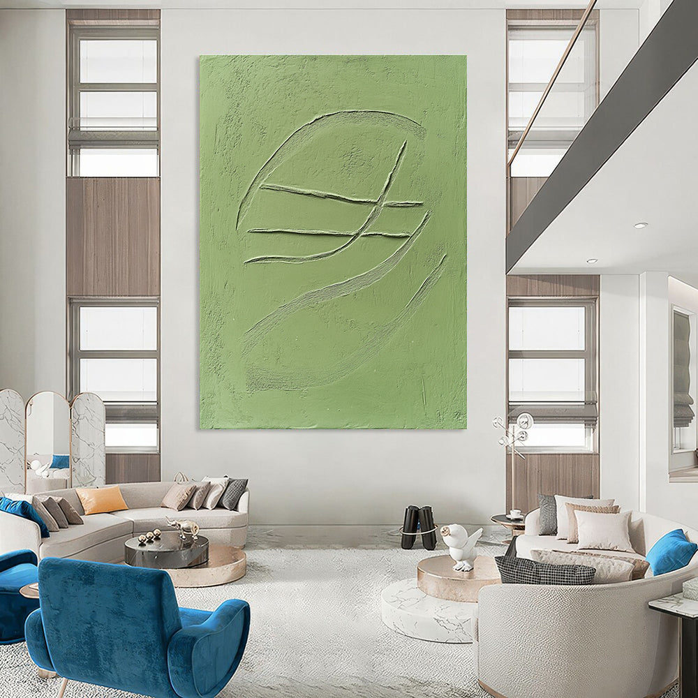 Abstract art featuring a smooth green clay tile with embossed three curved lines against a solid green background.STSC1010