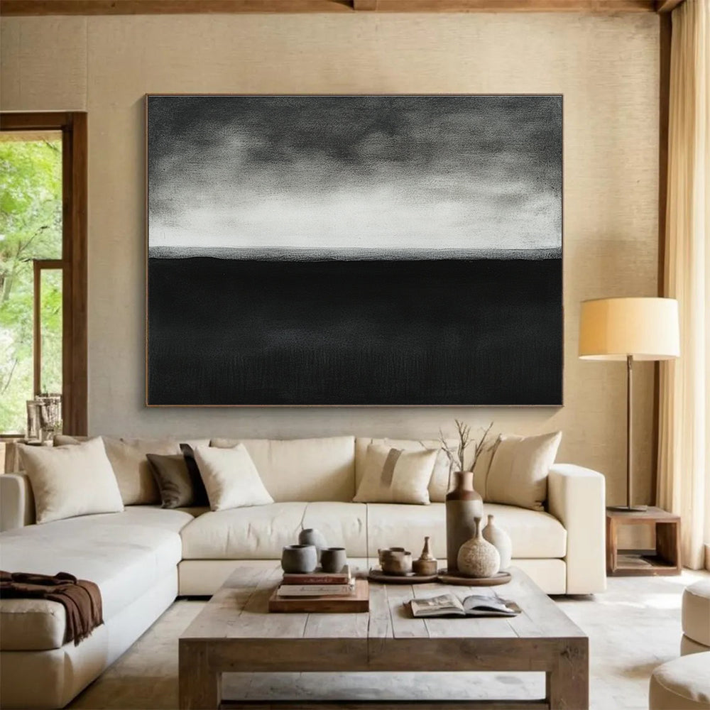 A large abstract painting featuring a dark gray horizon line with white accents, showcasing minimalism and serene elegance in high detail.SC500
