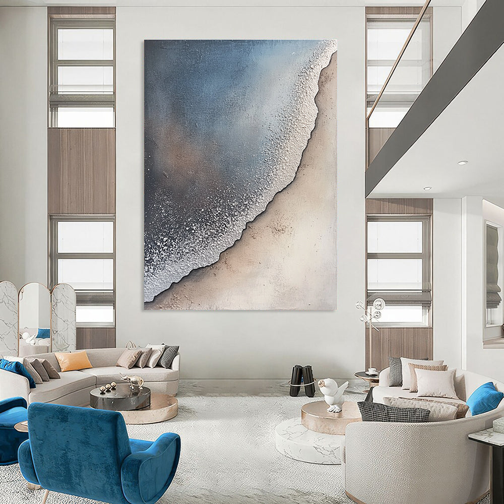 Large abstract painting of a sandy shore with gray and white textures silver dust fog creating a serene atmosphere with nature blending harmoniously.STSC256
