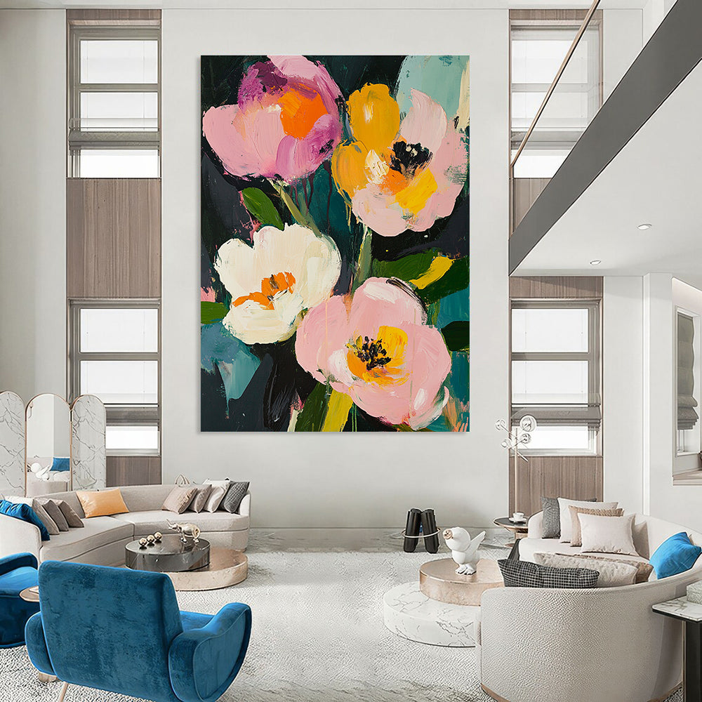 Large abstract painting featuring pink roses and white peonies with loose brushwork in a vintage style and rich colors of greens yellows and blues.STSC057