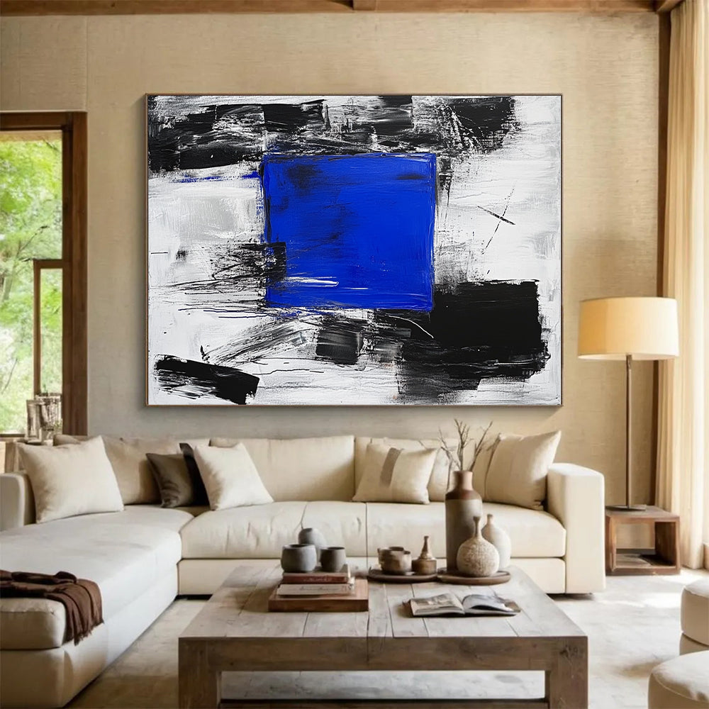 Blue Square in Black Gray Abstract Painting with Dynamic Background GER025