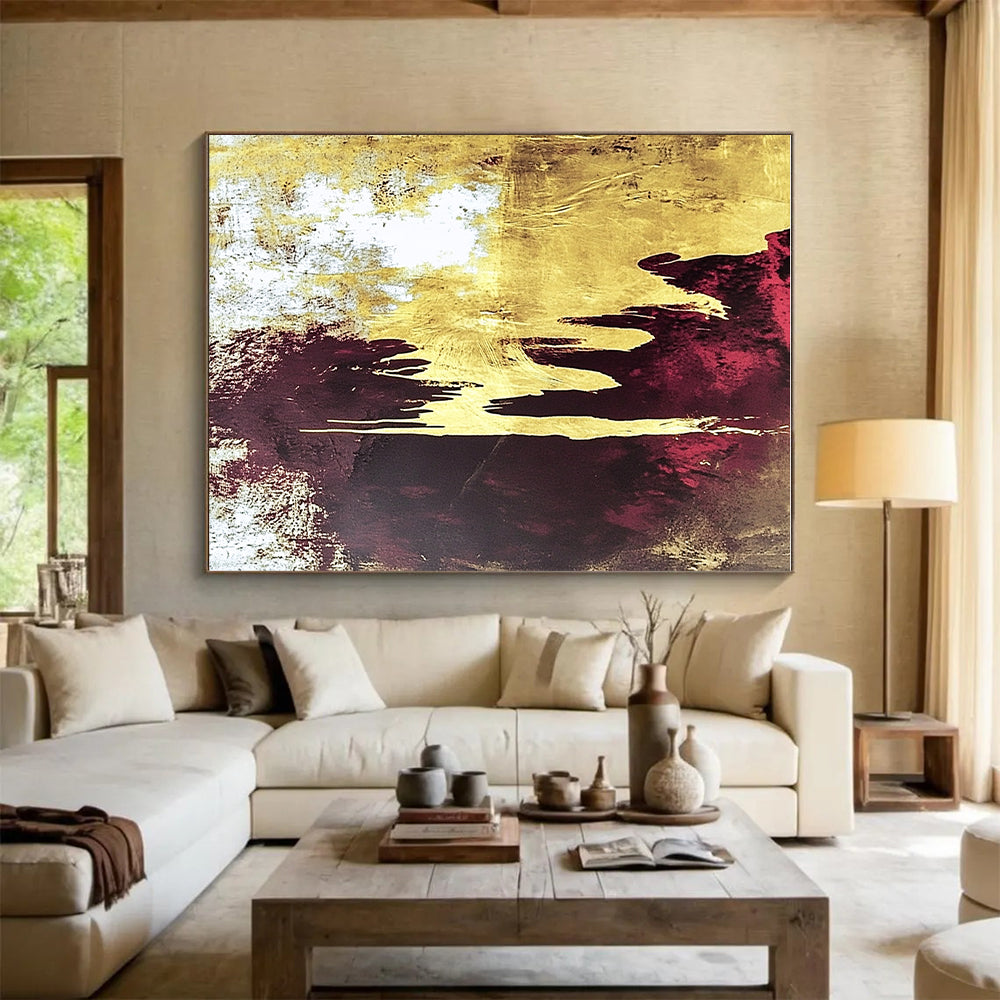 Gold and Burgundy Abstract Painting with Dripping Effects GER602
