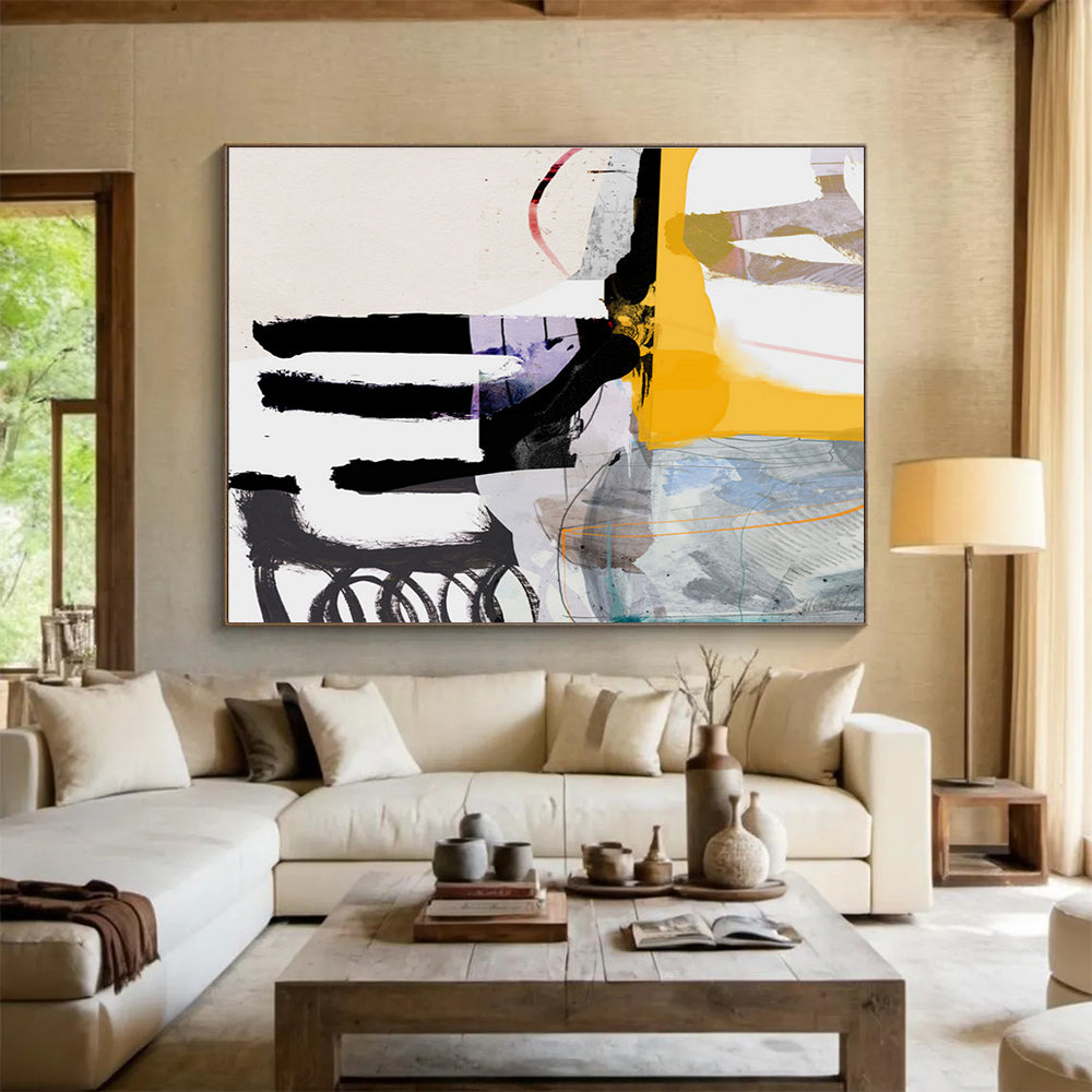 Colorful Mixed - Media Abstract Painting with Black Yellow and Purple THY112