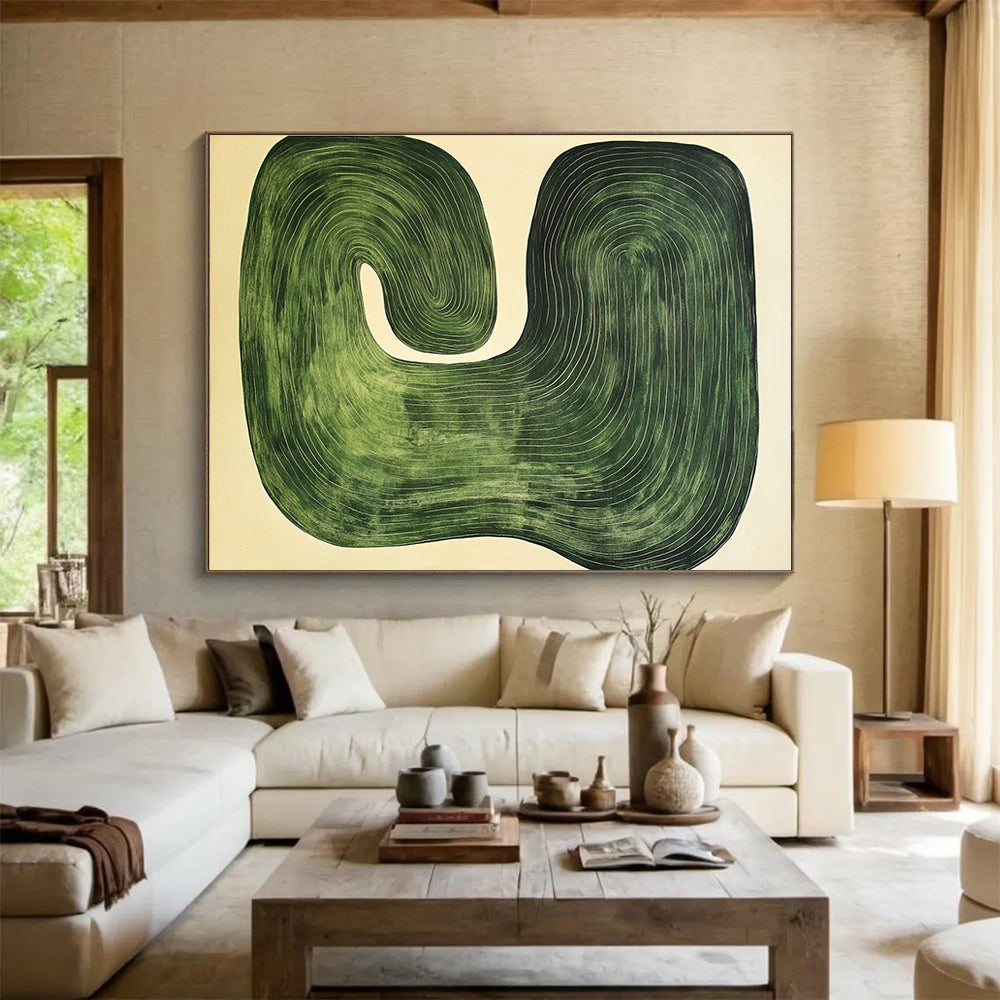 Green Curved Lines Abstract Painting with Organic Shapes DYP363