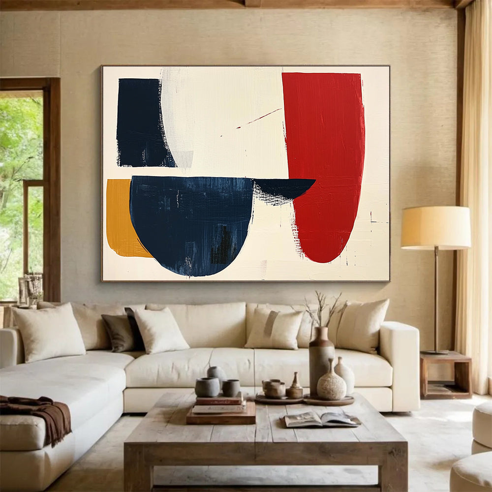 Large abstract painting featuring navy red and white shapes on cream paper with loose brush strokes, creating a striking minimalist aesthetic.SC490