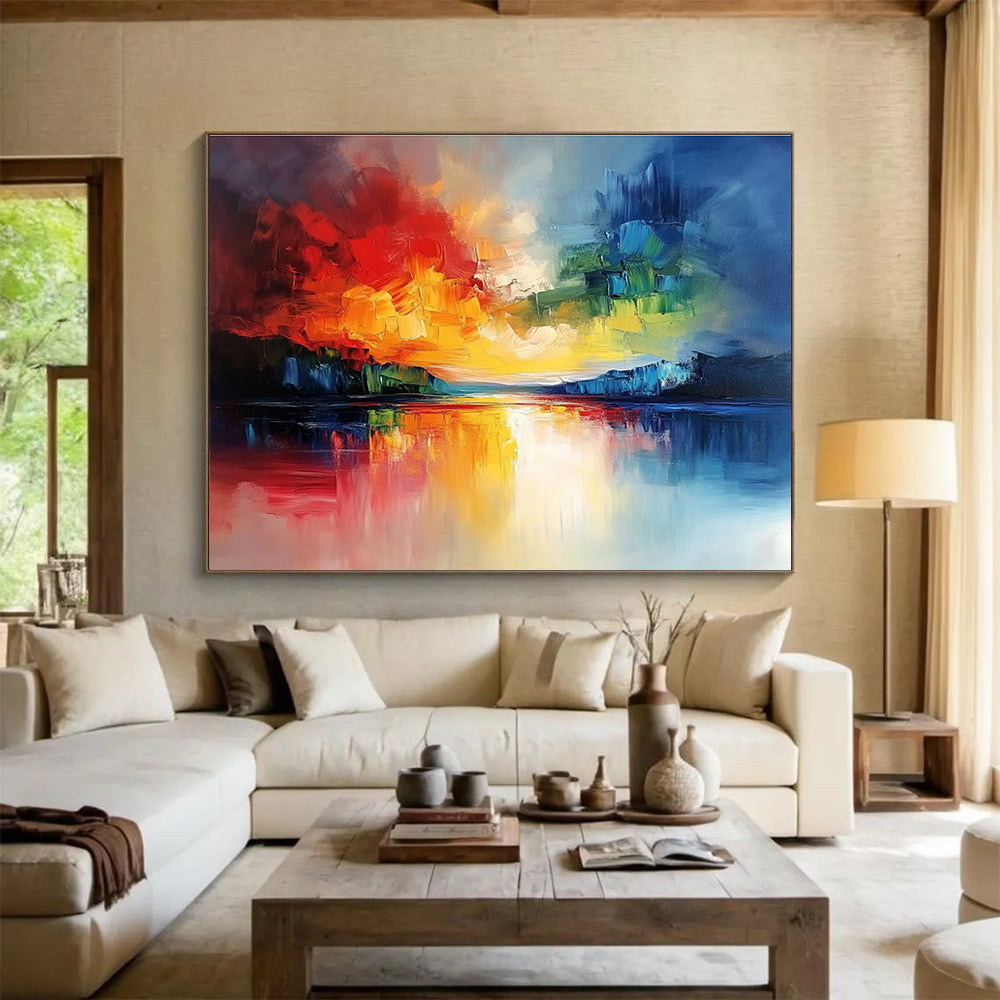 Large abstract landscape painting featuring a vibrant sky and reflective water with bold brushstrokes and rich textures.SC077