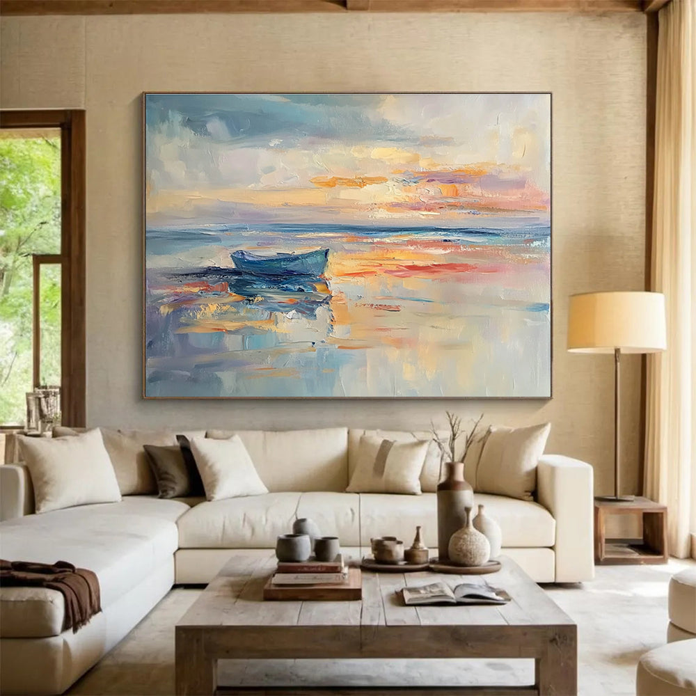 Large abstract painting of the sea featuring calming sunset colors on the horizon perfect for enhancing any space.SC133