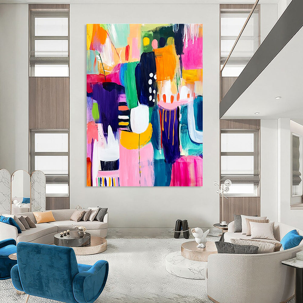 A large abstract painting bursting with vibrant colors and dynamic shapes representing happiness creativity and playful celebration in an art gallery setting.STSC1219