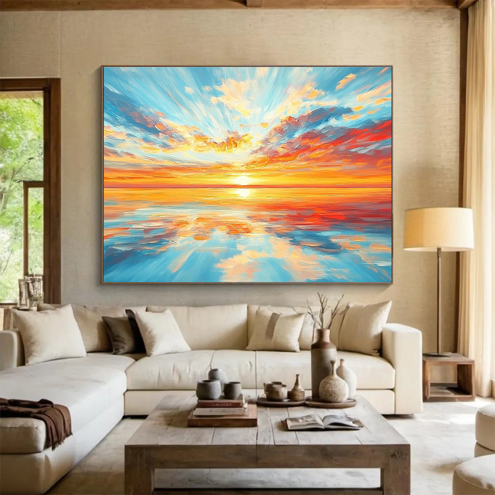 A stunning abstract painting of an endless horizon with a vibrant sunset and colorful reflections on calm waters. Perfect for home decor.SC403