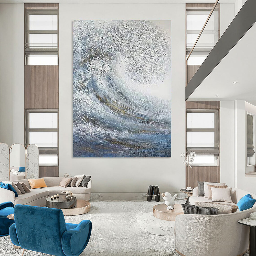 Silver and Blue Wave Abstract Painting with Sparkling Textures ADGE337