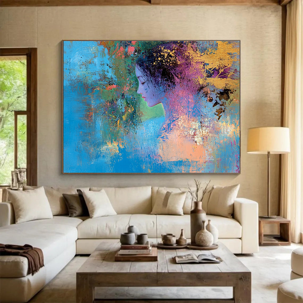 Large abstract painting depicting a female figure intertwining with nature's vibrant colors symbolizing growth through self-improvementSC429